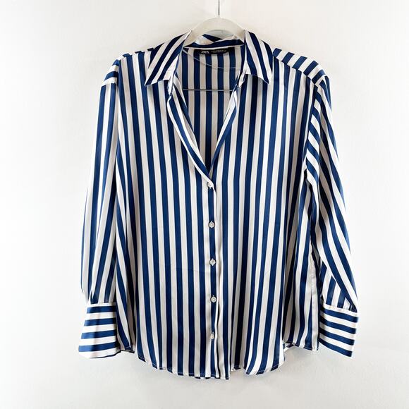 Zara Striped Print Long Sleeve Collared Button-Up Shirt Navy Blue White Medium - Picture 5 of 9